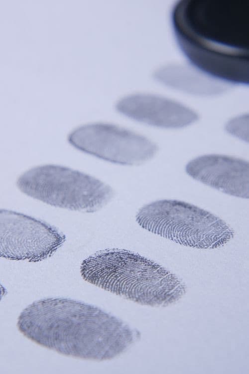 Rows of inked fingerprints on paper