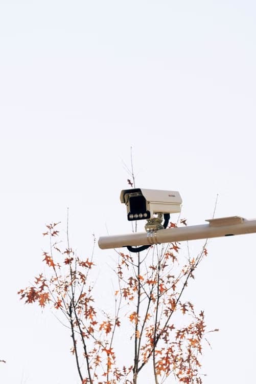 A security camera mounted on a pole above autumn foliage